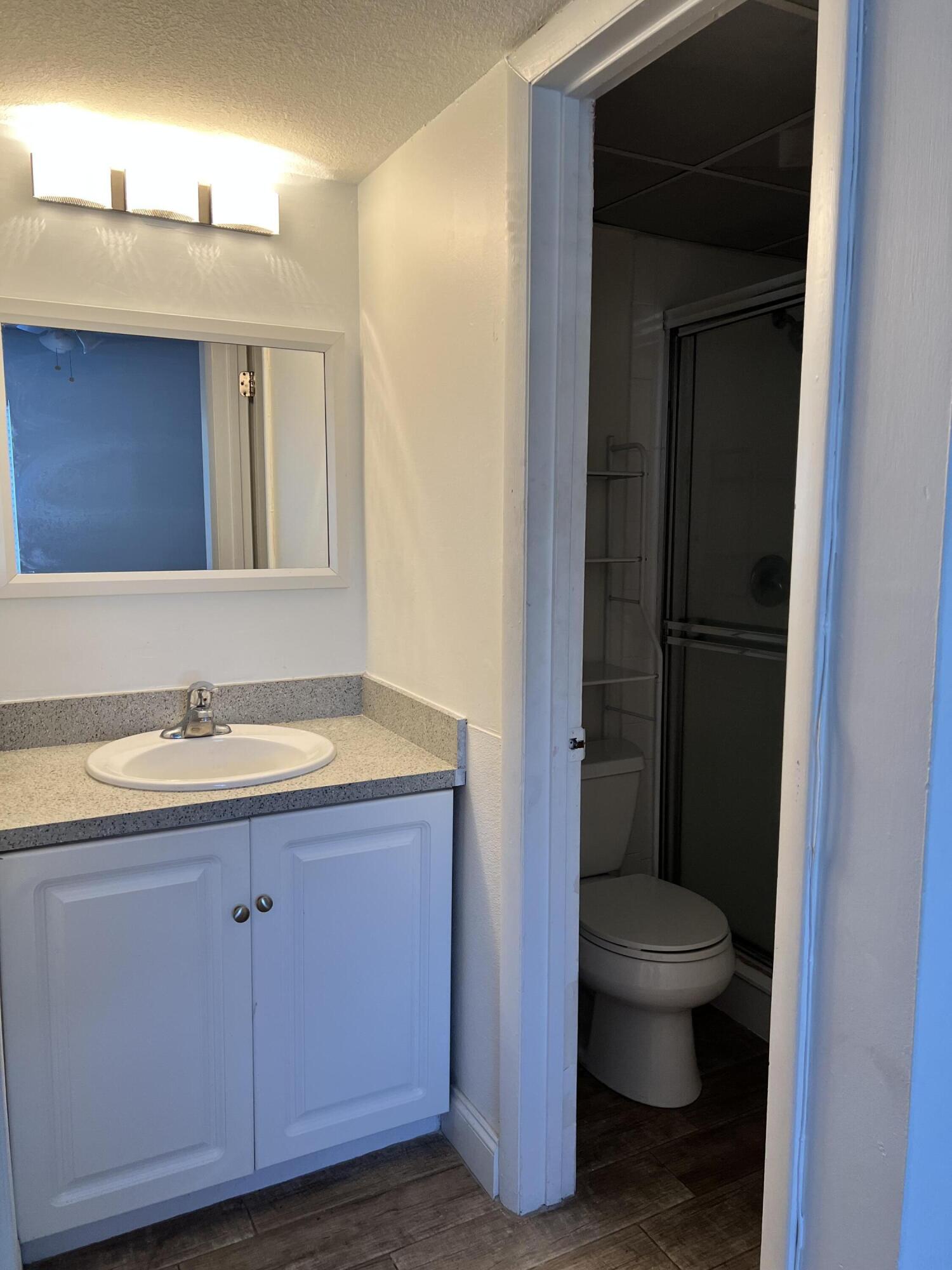 632 Northwest 13th Street, Unit 210 Boca Raton, FL 33486 - Photo 17 of 19 a bathroom with a granite countertop sink toilet and mirror