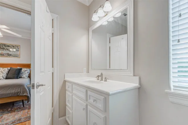 a bathroom with a sink vanity and a mirror