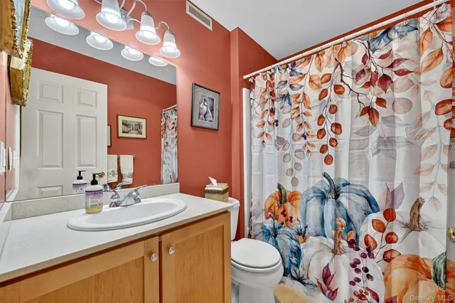 a bathroom with a sink toilet and shower curtain