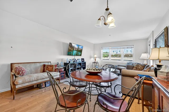 a dining room with furniture a rug and a chandelier