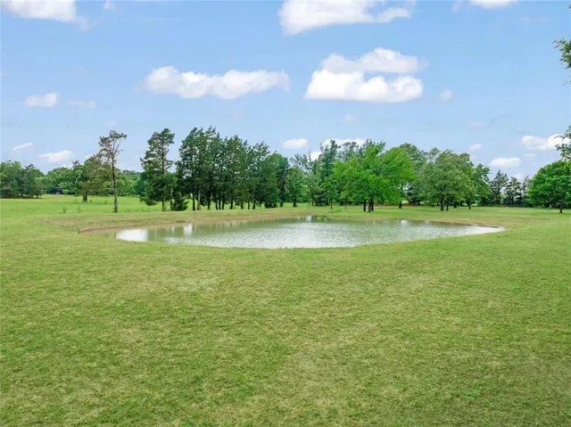 a view of a field with an trees in the background