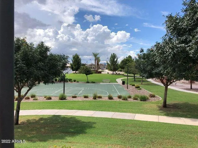 a view of a golf course with a garden