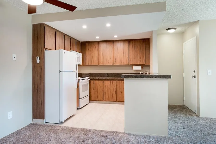 6046 Rancho Mission Road, Unit 384 San Diego, CA 92108 - Photo 7 of 18 a kitchen with refrigerator and cabinets
