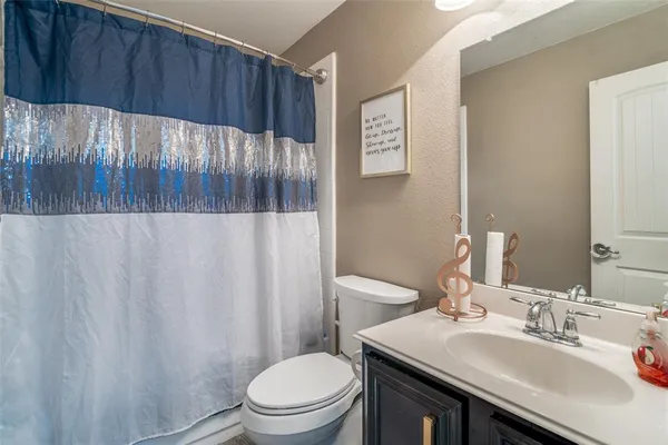 a bathroom with a sink a toilet and shower curtain