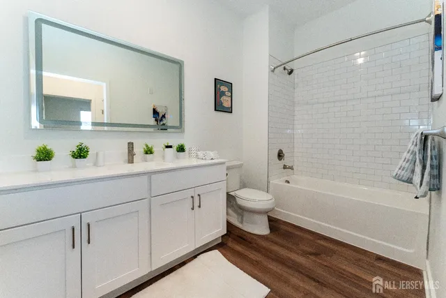 a bathroom with a bathtub shower sink vanity and toilet
