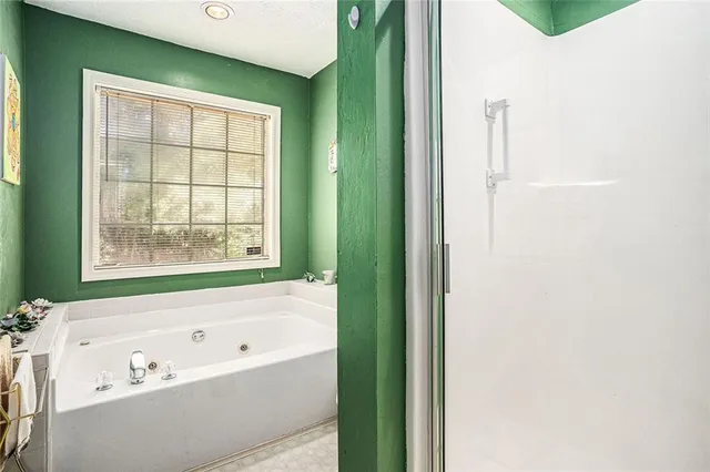 a bathroom with a bathtub and a shower