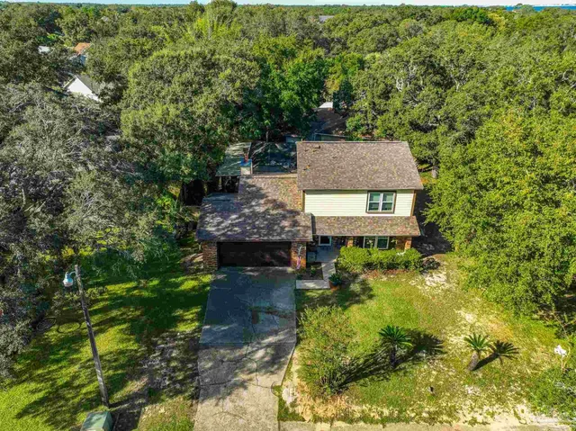 a aerial view of a house with a yard and large tree