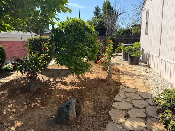 a view of a pathway with a yard