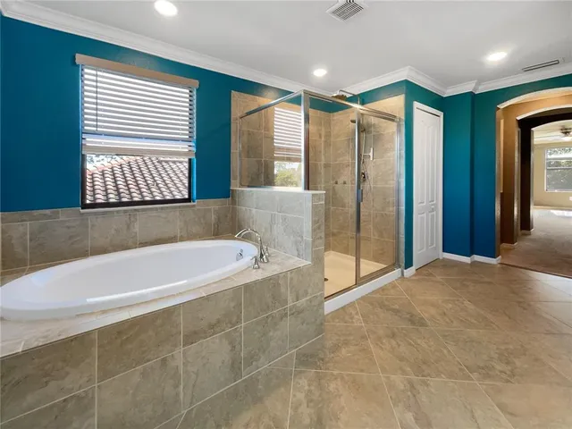 a bathroom with a bathtub and a shower