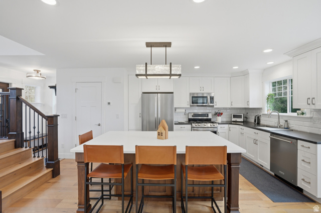 2450 Snake Creek Road Midway, UT 84049 - Photo 11 of 34 Two tone kitchen featuring stainless steel appliances, a kitchen island, light wood-type flooring, a breakfast bar area, and dual tone cabinetry