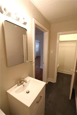 a bathroom with a sink vanity and a mirror