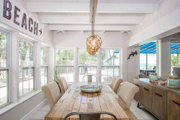 a view of a room with a dining table and chairs