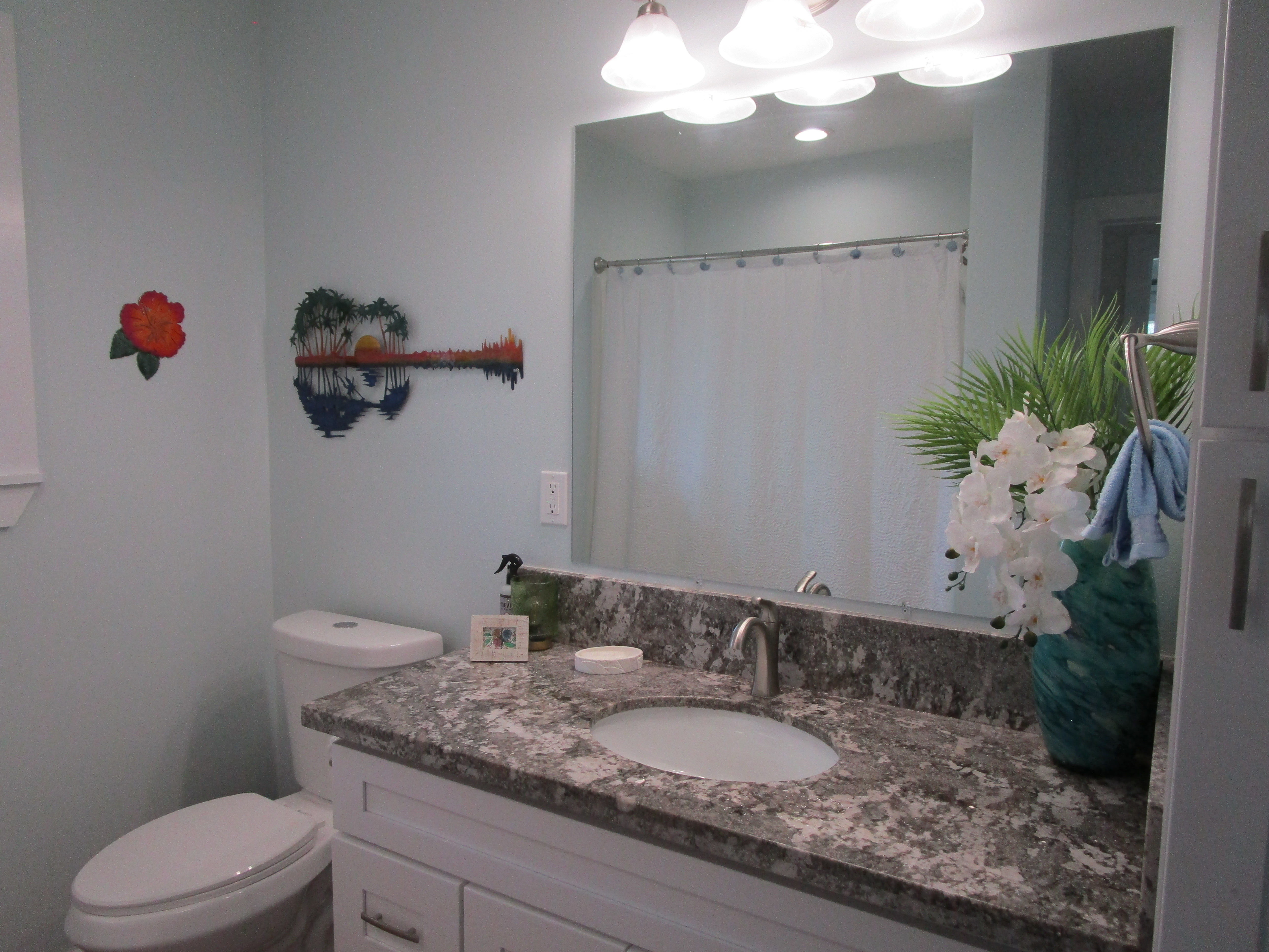 1 Kokokahi Road Mountain View, HI 96771 - Photo 12 of 27 a bathroom with a granite countertop sink a toilet and a mirror