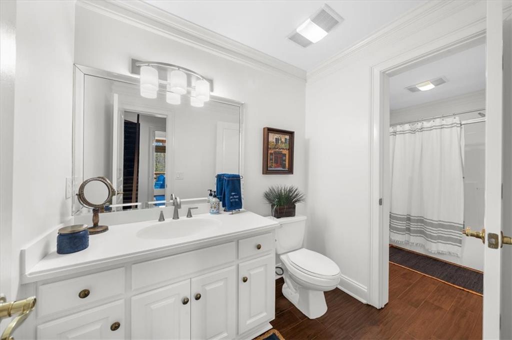 9230 Four Mile Creek Road Gainesville, GA 30506 - Photo 46 of 67 a bathroom with a toilet a sink and mirror