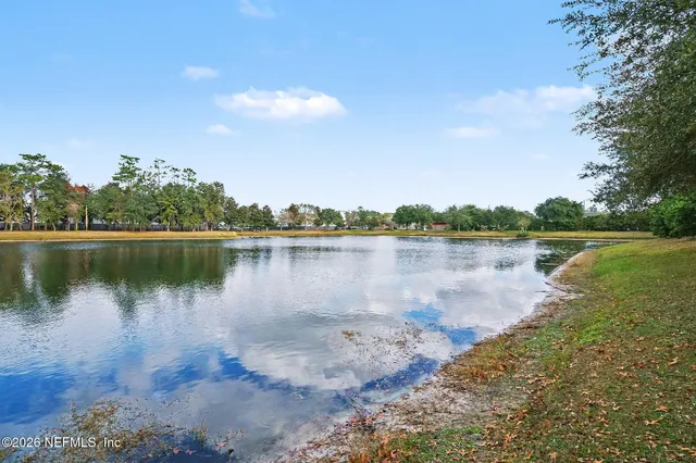 a lake view with houses in back