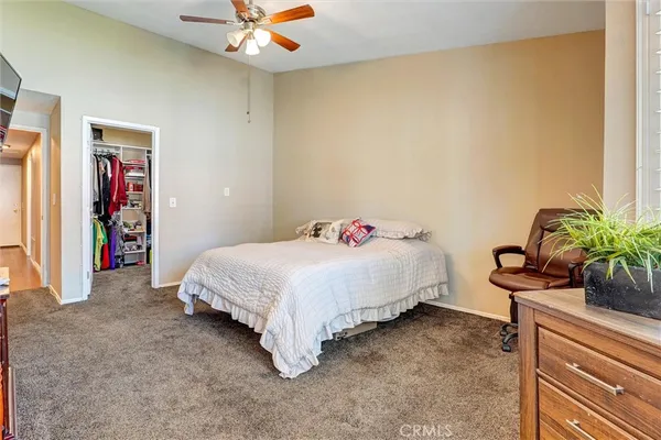 a spacious bedroom with a bed and a potted plant