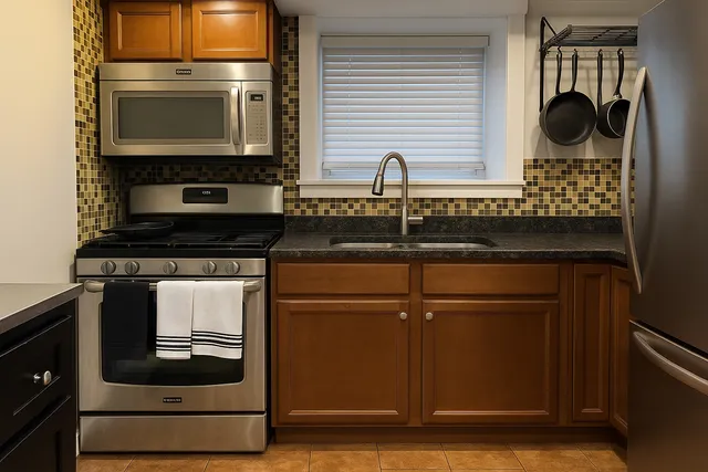 a kitchen with a stove and a microwave