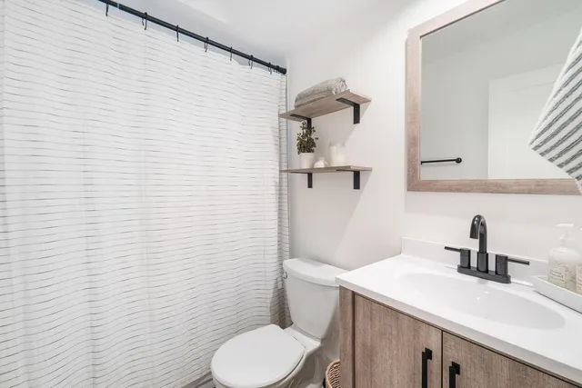 a bathroom with a sink a toilet and mirror