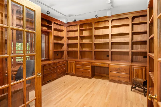 a view of a room with shelves