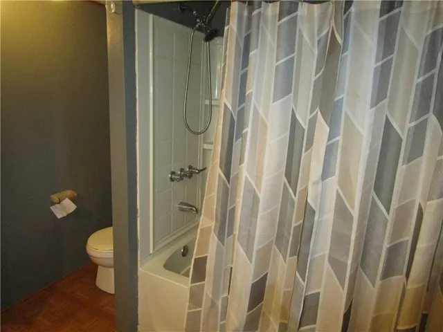 a bathroom with a shower and toilet