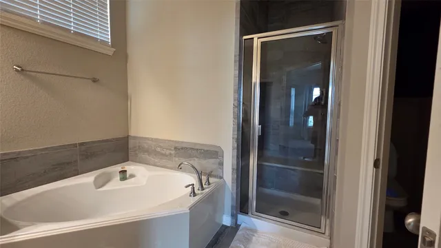 a bathroom with a bathtub and shower