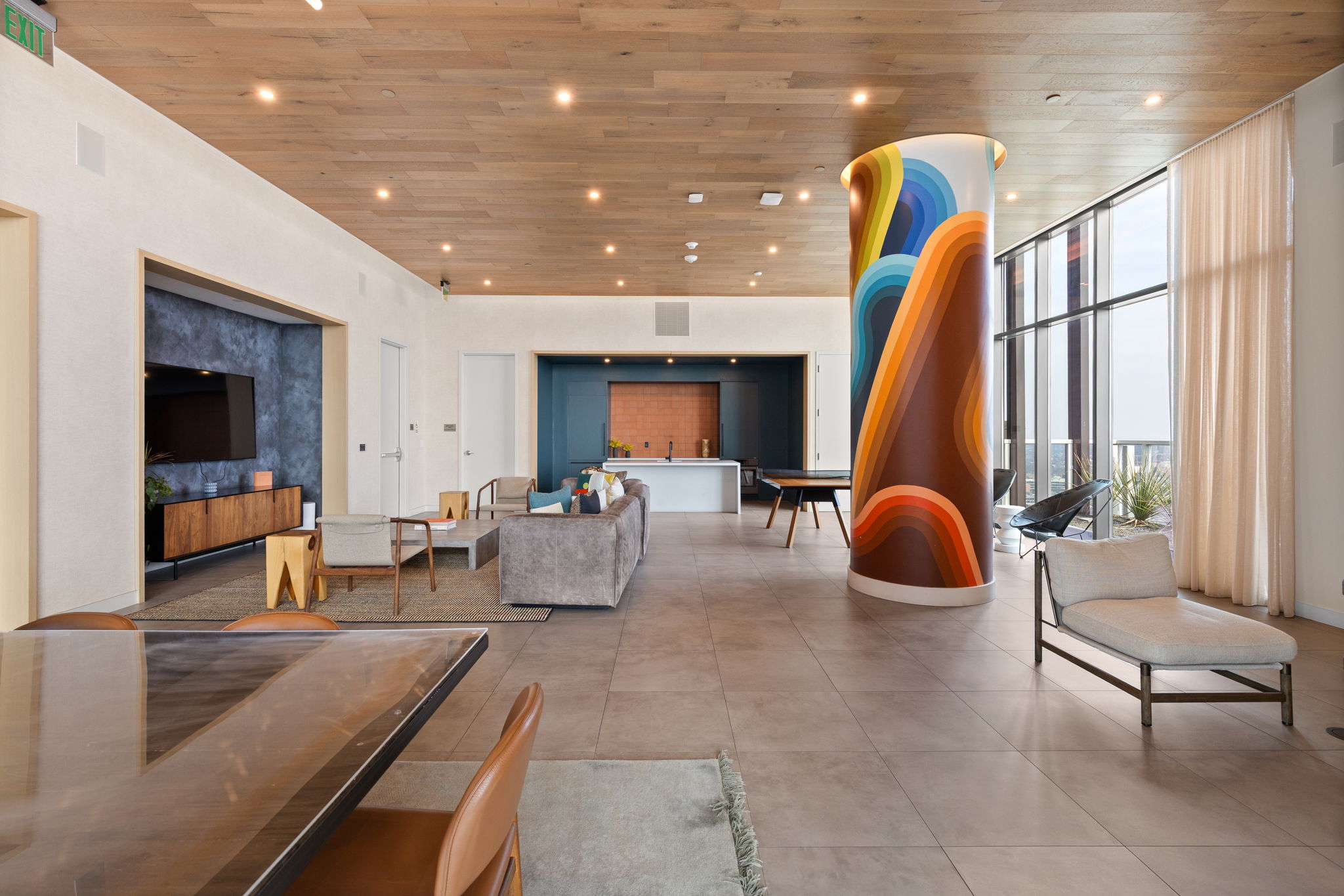 48 East Avenue, Unit 2002 Austin, TX 78701 - Photo 27 of 38 Community lobby featuring wood ceiling, expansive windows, and recessed lighting