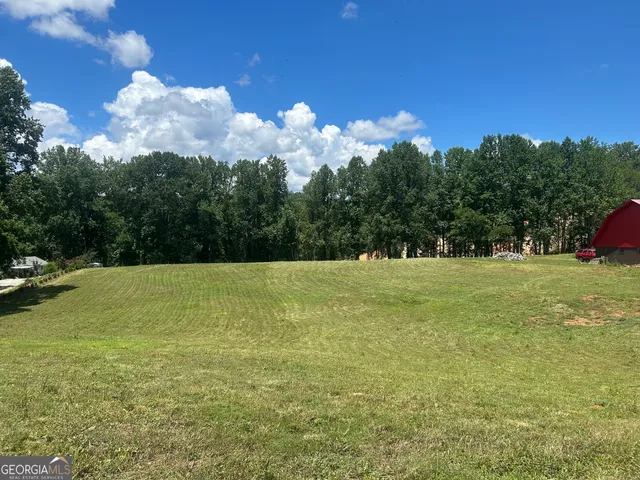 a view of a grassy field with trees
