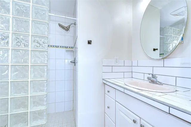 a bathroom with a granite countertop sink a mirror and shower