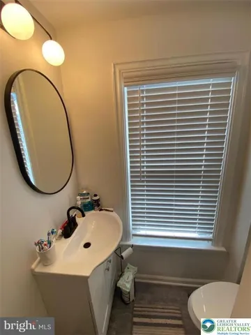 a bathroom with a sink a toilet and a mirror