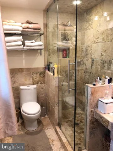 a bathroom with a toilet and a shower