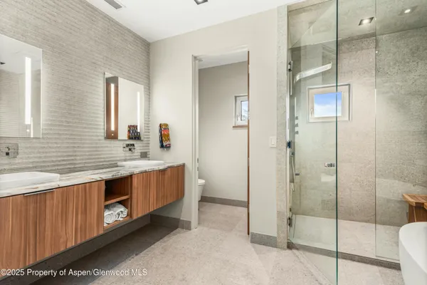a bathroom with a double vanity sink a toilet and shower