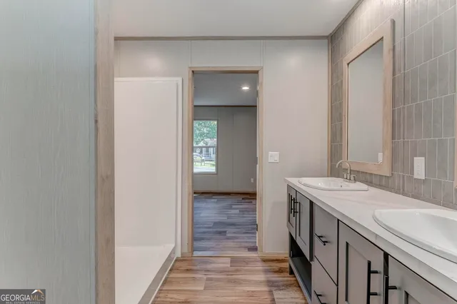 a bathroom with a sink and a mirror