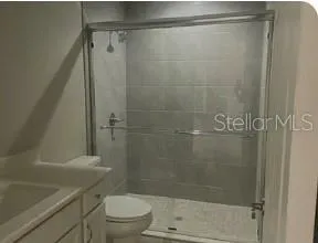 a bathroom with a shower and a toilet