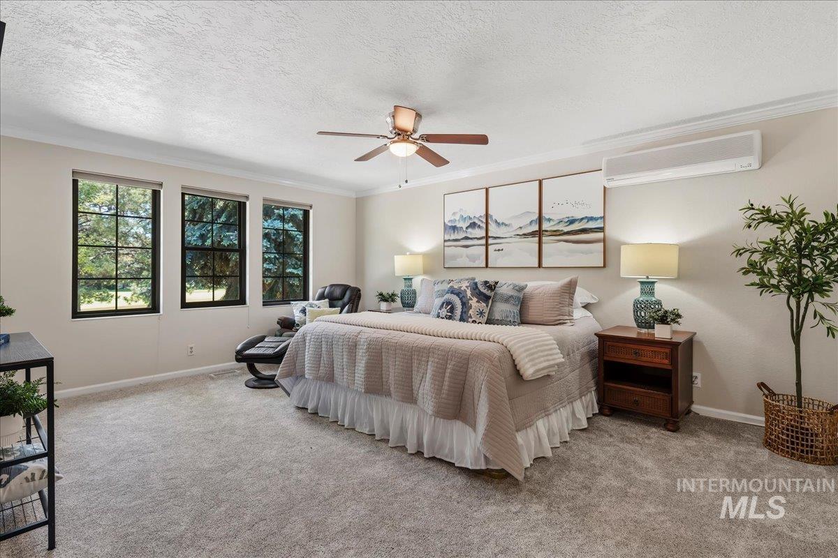 599 Pebble Beach Way Eagle, ID 83616 - Photo 20 of 44 Spacious room featuring plush carpeting, crown molding, multiple windows with dark framing, a ceiling fan, and a wall-mounted climate control unit