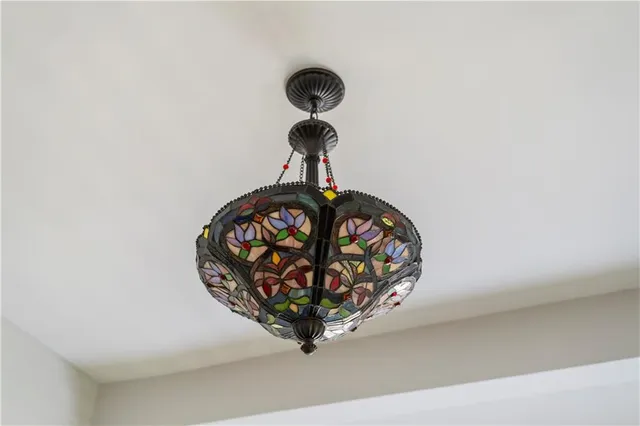 a view of a chandelier in a room