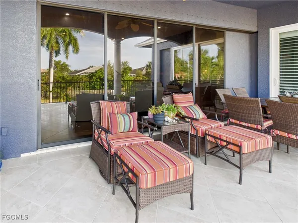 a outdoor space with a couch and a table