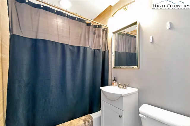 a bathroom with a sink a toilet a mirror and shower curtain