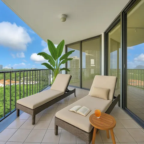 a building outdoor space with patio furniture