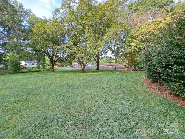 a view of a field with trees in the background