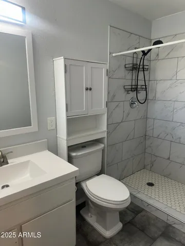 a bathroom with a shower a toilet and sink