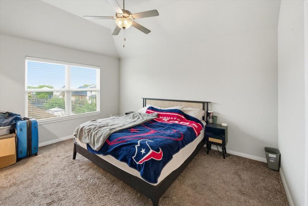 10701 Kestrel Court Waco, TX 76708 - Photo 7 of 37 Bedroom with carpet, vaulted ceiling, and ceiling fan