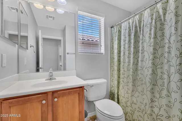 a bathroom with a sink a toilet and shower curtain