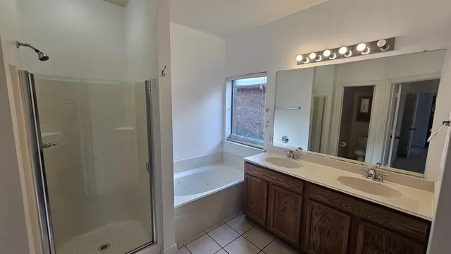 a bathroom with a double vanity sink a large mirror and a bathtub