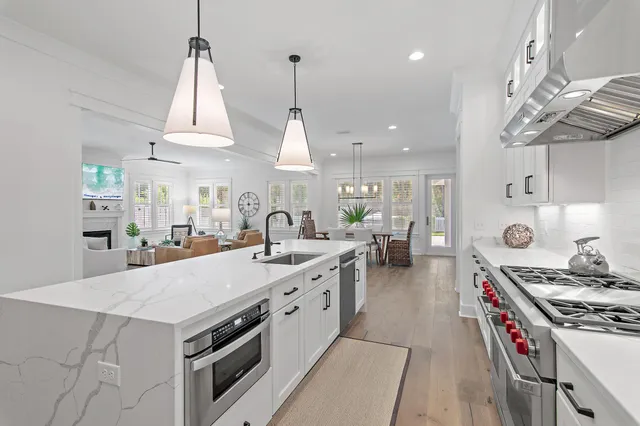 a view of a dining room with furniture