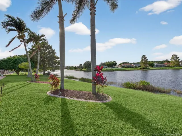 a view of a lake with a big yard and palm trees
