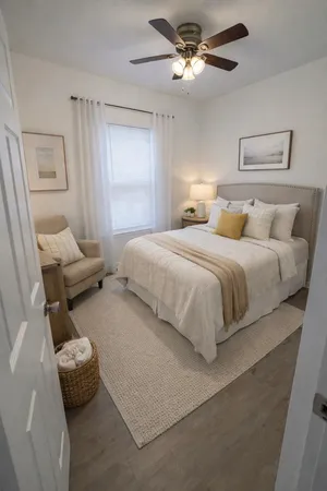 a bedroom with a large bed and a chandelier