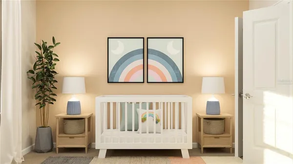 a bedroom with a bed and a potted plant