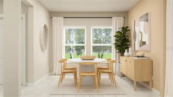 a dining room with furniture and window