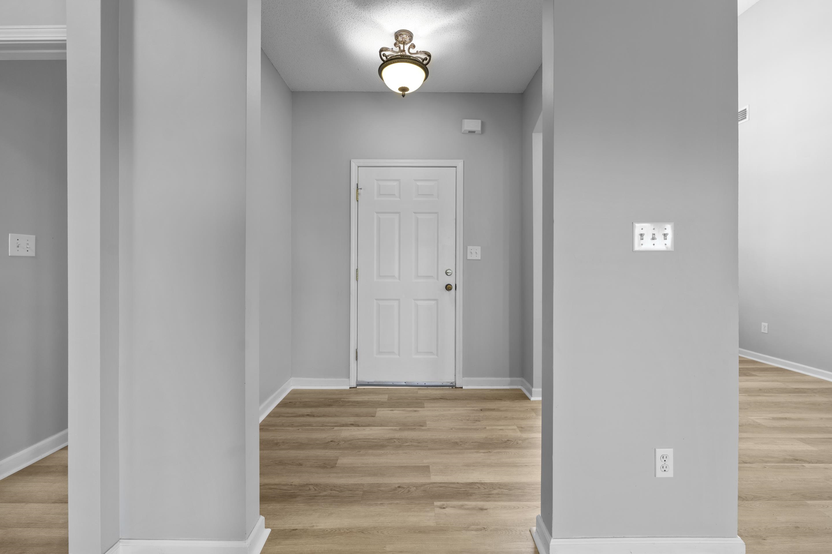 50 Abbey Road Oakland, TN 38060 - Photo 13 of 26 Entryway featuring a paneled door, ceiling-mounted light fixture, light gray walls, white baseboards, and wood-finish flooring