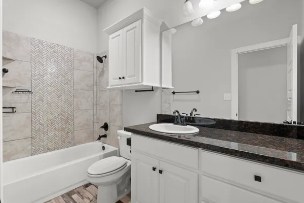 a bathroom with a sink a toilet and bathtub